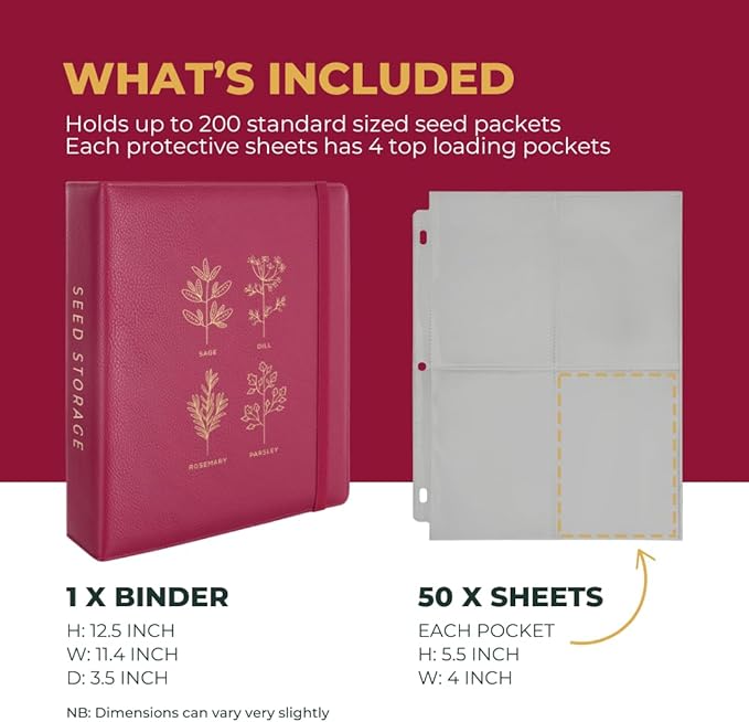 WILDGOOSE Seed Storage Organizer Binder - Seed Packet Organizer with 50 Pack Sheet Protectors That Stores 200 Seed Envelopes. (Raspberry)