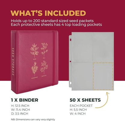 WILDGOOSE Seed Storage Organizer Binder - Seed Packet Organizer with 50 Pack Sheet Protectors That Stores 200 Seed Envelopes. (Raspberry)