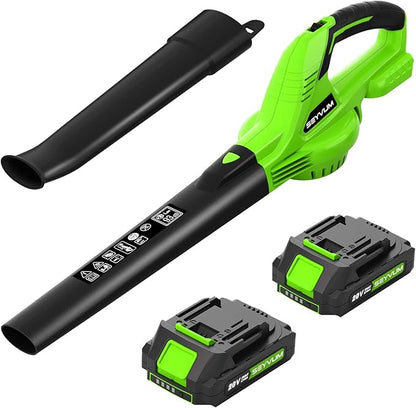 SEYVUM Leaf Blower, 20V Cordless Blower with 2 x 2.0Ah Battery, Electric Leaf Blowers for Lawn Care, 320 CFM 150 MPH Battery Powered Leaf Blower, for Patio, Garden Cleaning, Fast Charger, Grass Green