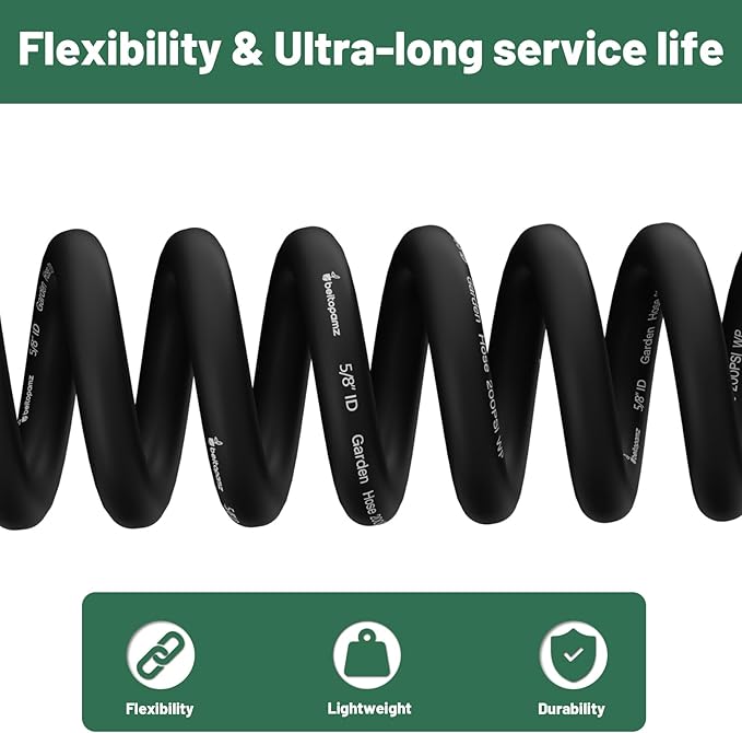 Garden Hose 25 ft x 5/8 in Heavy Duty Water Hose, Flexible and Durable, Lightweight Rubber Hybrid Hose, Leak-Free Connections, Male to Female Fittings, BT25B, Black