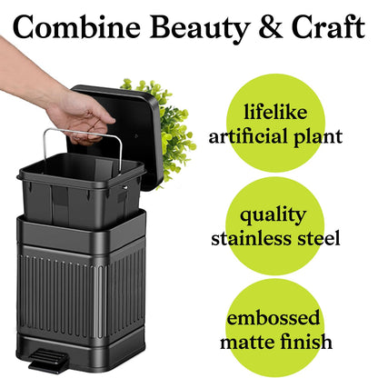 Small Trash Can with Lid, Plant-Styled Outdoor Dog Poop Trash Can Outside, Farmhouse Retro Metal Garbage Can for Bathroom Office, Dog Waste Container with Pedal, Soft Close, 5L/1.3 Gal, Black