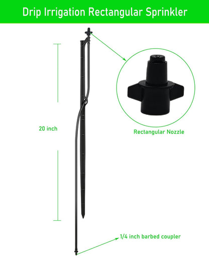 Drip Irrigation Micro Spray Emiters: 180° 360° and Rectangular Sprinkler Nozzles 3 pcs Each, with 1/4-Inch Tubing and Barbed Inlet on 20-Inch High Stake 9 pcs