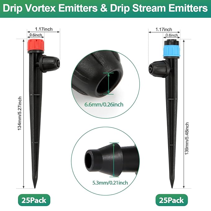 RedChili 50 Pieces Drip Emitters for 1/4" Drip Irrigation Tubing, 25 Pcs Vortex Emitters and 25 Pcs Stream Emitters Adjustable 360 Degree Full Circle Drip Emitters with Stake