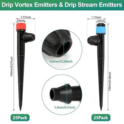 RedChili 50 Pieces Drip Emitters for 1/4" Drip Irrigation Tubing, 25 Pcs Vortex Emitters and 25 Pcs Stream Emitters Adjustable 360 Degree Full Circle Drip Emitters with Stake