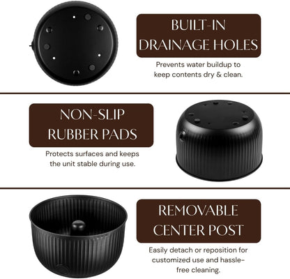 Monarch Abode Decorative Garden Hose Holder with Lid, Matte Black Storage for Outdoor Use, 100 ft Water Hose Pot for Outside, Ridge Embossed Metal Pot with Drainage, Garden Storage Organizer