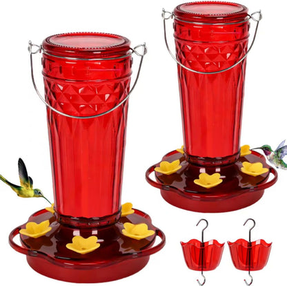 Hummingbird Feeder 2pack-14Ounces，5 Feeding Ports Glass Hummingbird feeders for Outdoors,Wide Mouth for Easy Filling/Cleaning，Hanging for Garden Backyard Decor, Includes Ant Moat (Red)