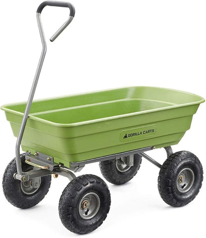 Gorilla Carts Poly Garden Dump Cart, 4 Cu Ft Tub, 600 lb Haul Capacity, Green – Heavy-Duty Utility Wagon with Quick-Release Dumping & Pneumatic Tires for Yard, Landscaping and Gardening