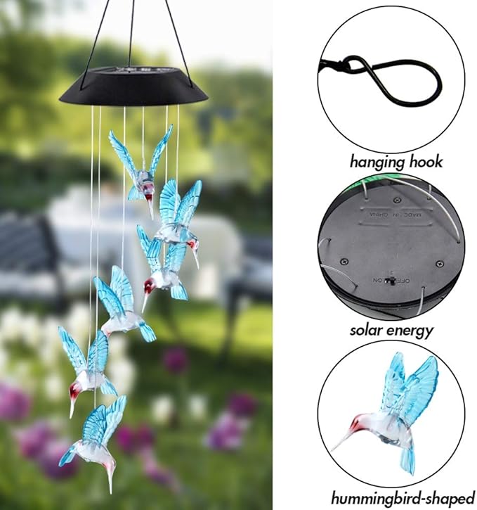 MorTime LED Solar Hummingbird Wind Chime, 25" Outdoor Hanging Wind Chime for Patio Lawn Garden Decorations, Automatic Light Changing Color (Blue Hummingbird)