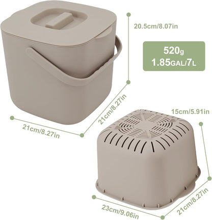 Stylish Kitchen Compost Bin- 1.85 Gal/ 7L Countertop Compost Bin with Lid, Inner Sieve for Separating Liquid from Food, Easy to Clean (Khaki, 1.85GAL)
