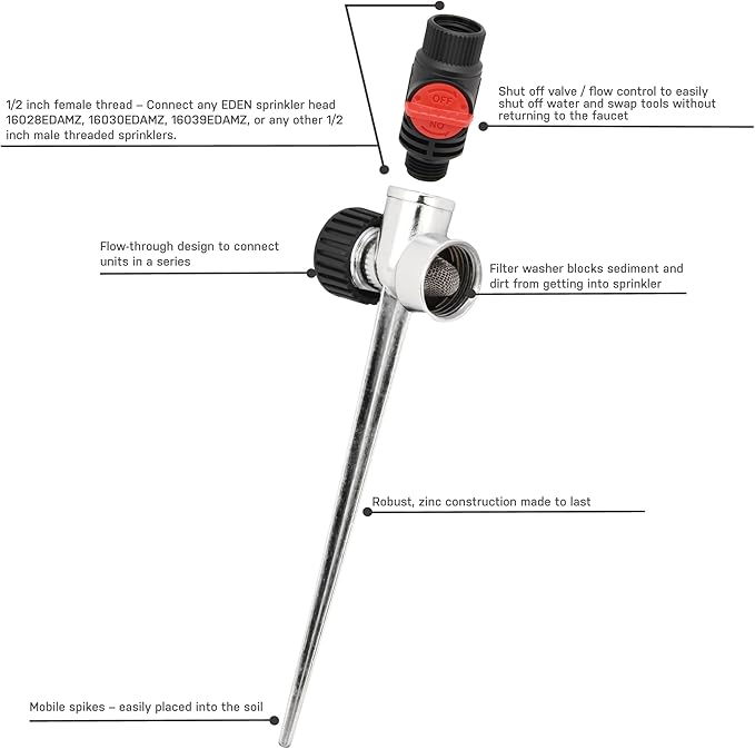 Eden 96998 1/2 Inch Zinc Flow-Through Lawn Sprinkler Spike Base (3-Pack); Sprinkler Heads Sold Separately