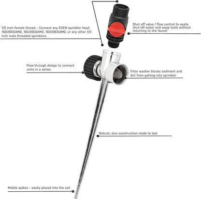 Eden 96998 1/2 Inch Zinc Flow-Through Lawn Sprinkler Spike Base (3-Pack); Sprinkler Heads Sold Separately