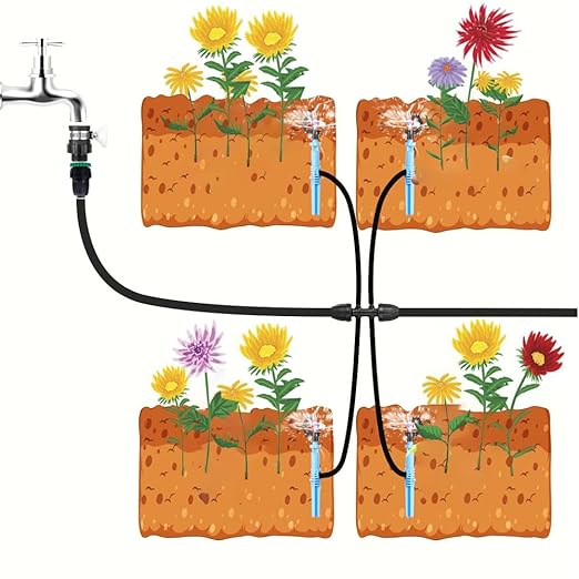 49.2FT/15M Rotary Sprinkler Drip Irrigation System, Adjustable Complete Drip Irrigation Kit with Rotary Sprinkler, 1/2" and 1/4" Irrigation Tubing and Barbed Fittings for Garden,Raised Bed,Yard,Lawn
