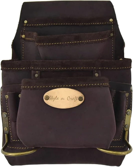Style n Craft 10-Pocket Carpenter’s Nail & Tool Pouch, Heavy-Duty Leather Tool Pouch, Perfect and Durable Oiled Full-Grain Leather Pouch, Dark Brown (#90923)