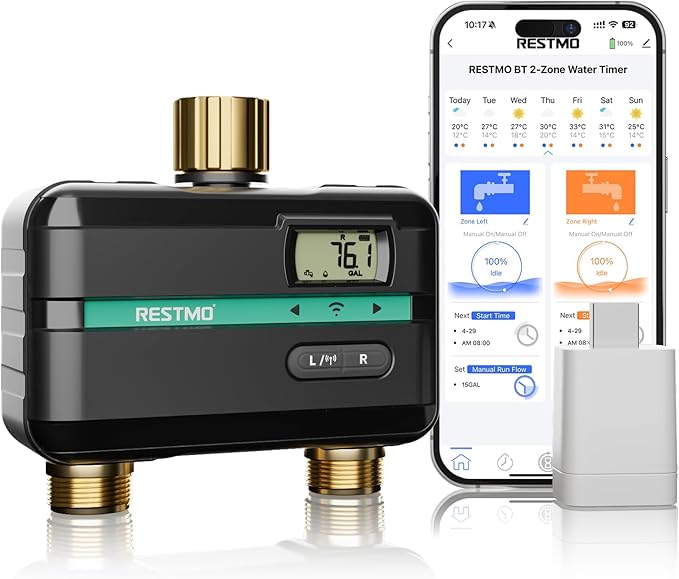 RESTMO Smart Sprinkler Timer with Flow Meter, 2 Zone Water Timer for Garden Hose, Brass Inlet & Outlet, Automatic Lawn & Yard Irrigation Watering System, APP Remote Control (2.4Ghz WiFi Connection)