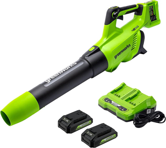 Greenworks 48V (24V x 2) Cordless Axial Leaf Blower (125 MPH / 515 CFM / 150+ Compatible Tools), (2) 2.0Ah Batteries and Dual Port Charger Included