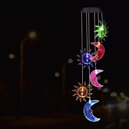 Solar Sun and Moon Wind Chimes Outdoor - Waterproof Mobile Romantic Changing Light Color Wind Chime, Sun Moon Windchimes for Xmas Mom Gifts, Home, Party, Festival Decor, Night Garden Decoration