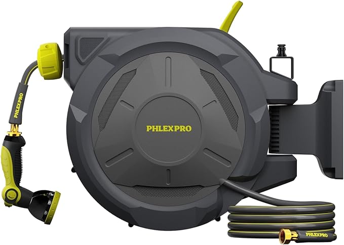 Retractable Garden Hose Reel 5/8 in x 115 ft Heavy Duty Automatic Water Hose Reel Wall Mounted with 10 Pattern Nozzle,Any Length Lock, Slow Return System, 180°Swivel Bracket