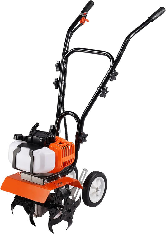 VEVOR Tiller Cultivator Gas Powered, 43CC 2-Stroke Garden Cultivator, Tiller with 4 Steel Adjustable Front Tines for Lawn, Garden and Field Soil Cultivation