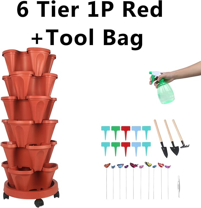 Vertical Planter, 6 Tier Stackable Strawberry Planter with Garden Tool Set, Movable Indoor/Outdoor Garden Herb Pot for Growing Vegetables and Succulents, Red