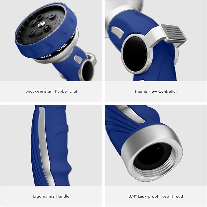 RESTMO Hose Nozzle Heavy Duty, Metal Water Hose Sprayer for Garden, 9 Spray Patterns | High Pressure | Thumb Flow Control | On/Off Valve, Ideal for Lawn & Plant Watering, Car & Pet Washing, Blue
