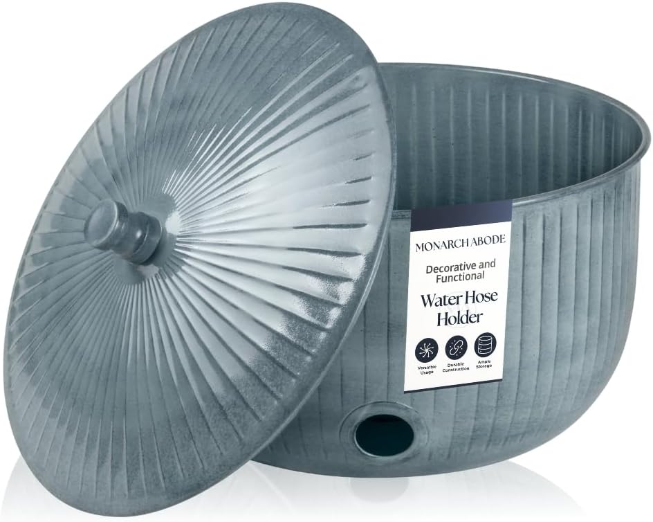 Monarch Abode Decorative Garden Hose Holder with Lid, Patina Storage for Outdoor Use, 100 ft Water Hose Pot for Outside, Ridge Embossed Metal Pot with Drainage, Garden Storage Organizer