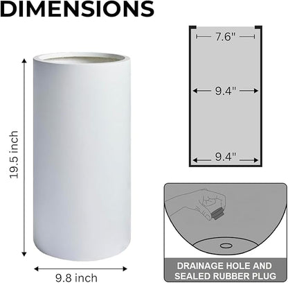 19.5"H x 9.8"D Tubo Fiberstone Cylinder Tall Planter with Drainage Hole, Smooth Finishes, Weather Resistant for Indoor and Outdoor Use, Included 2 Extra Coco Mats (White, 8.2" Pot Opening)