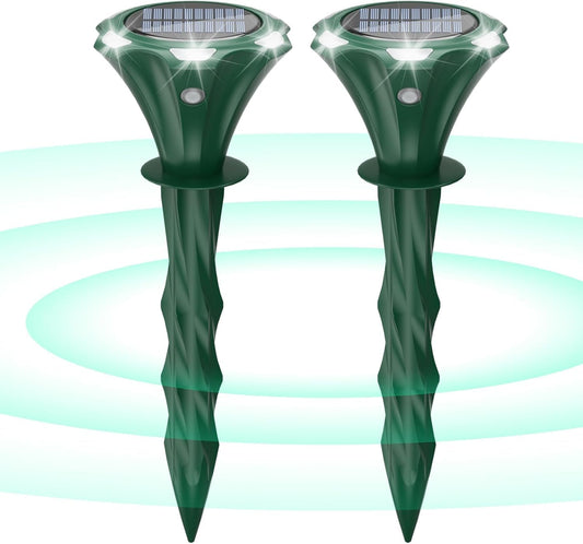 Mole Repellent Solar Powered, 2 Pack Snake Repellent for Yard Waterproof Motion Detection LED Flash Light, Ultrasonic Skunk Repellent Get Rid of Mole, Vole, Rabbit, Gopher, Raccoon, Deer