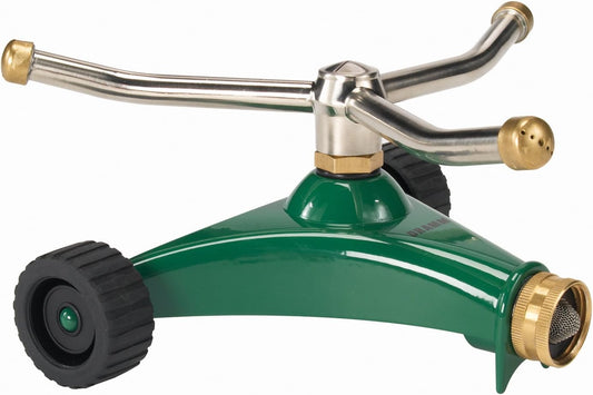 Dramm ColorStorm 3 Arm Whirling Sprinkler on 6" Wheeled Heavy Duty Metal Base, for Lawn, Yard, Garden and Large Area, Green, 70 Ft Diameter Reach