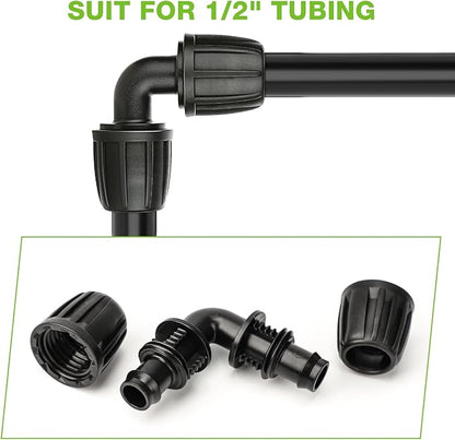 Bonviee 6 Pack 1/2” Drip Irrigation Elbow Connectors, 90° Barbed Lock Fittings for 1/2 Inch Tubing, Leak-Proof Corner Connector for Garden Hose Layout, Irrigation System Repair and Setup