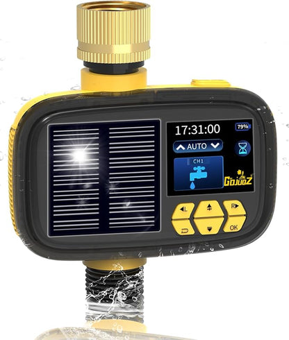 Solar Sprinkler Timer, Hose Timers for Watering - Programmable Water Timer for Garden/Yard, Brass Connector, Manual/Rain Delay Modes Outdoor Irrigation