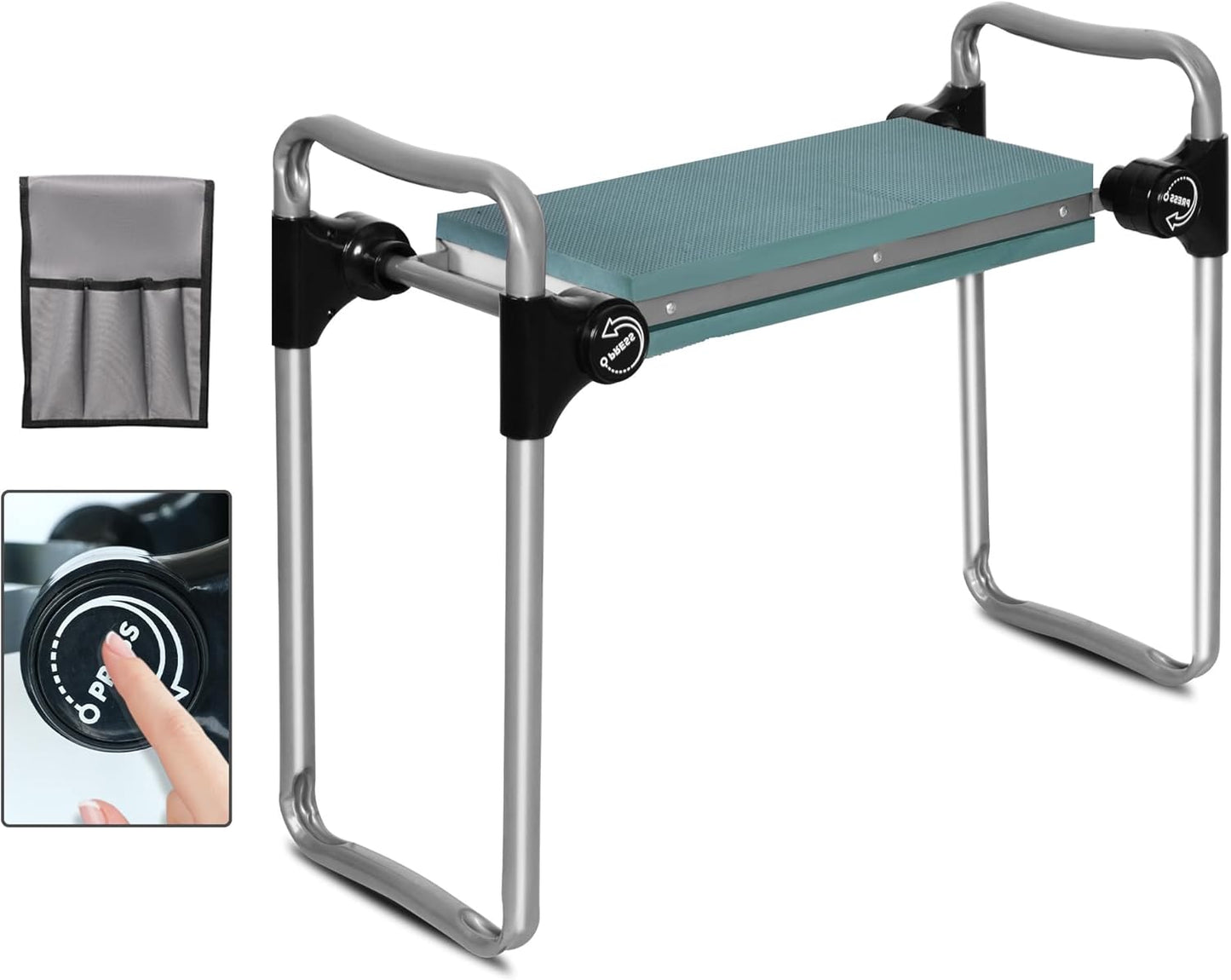 LUCKYERMORE Garden Kneeler and Seat, Button Press Kneeling Bench with Tool Pouch and EVA Foam Pad, Foldable Gardening Stool, Gardening Gifts for Parents Seniors, Lightweight & Heavy Duty