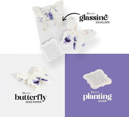 Wildflower Seed Paper - Set of 24 Purple Butterfly-Shaped with Envelope and Planting Instruction, Writable & Plantable Gift for Mom and Plant Lover, Ideal for Wedding, Memorial, Baby Shower