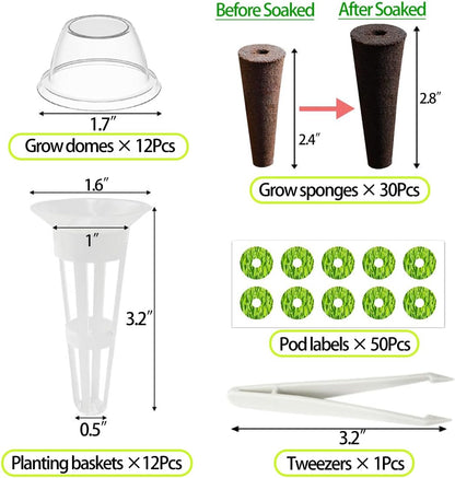 105 Seed Pod Kit for Aerogarden, Hydroponics Accessories for System Compatible with Hydroponics Supplies from All Brands, 30 Grow Sponges, 12 Grow Baskets, 12 Domes, 50 Pod Labels, 1 Tweezer (105 Pcs)