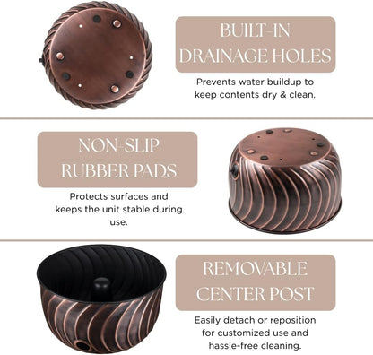 Monarch Abode Decorative Garden Hose Holder with Lid, Antique Copper Storage for Outdoor Use, 100 ft Water Hose Pot for Outside, Wave Embossed Metal Pot with Drainage, Garden Storage Organizer