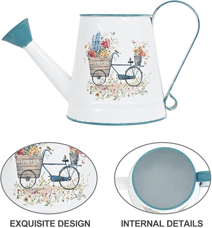 Small Watering Can for Indoor Plants Garden Metal Decorative Watering Can Outdoor Bonsai Balcony Courtyard Garden Flower Decorative, 1.5L, 50.7 Oz (White Blue)