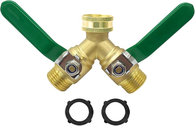 Hooshing Garden Hose Splitter 2 Way Heavy Duty Brass Full Flow Hose Connector with Long Handle 3/4" GHT Thread