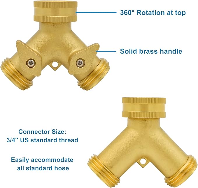 HYDRO MASTER Heavy Duty Brass 2 Way Y Splitter Garden Hose with Comfortable Grip Shut Off Valves, Adapter for Water Tap, Outlet, & Spigot, Includes Extra Rubber Washers
