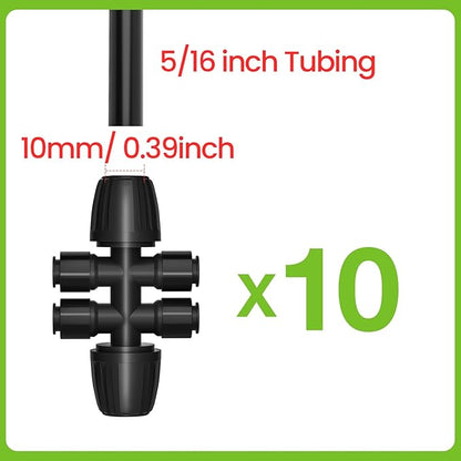 Bonviee 10 Pack 5/16” to 1/4” Push-to-Connect Tee, Split 5/16” Tubing into Four 1/4” Lines, Quick Connect Drip Irrigation Fittings, Leak-Proof 6-Way Splitter for Garden, Lawn, Greenhouse