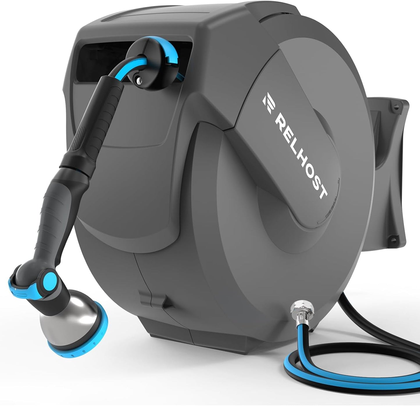 Retractable Garden Hose Reel 65 ft x 1/2 in, Heavy Duty Hose Reel Wall Mount with Any Length Lock, Slow Return System, 180° Swivel Bracket, 10-Pattern Garden Hose Nozzle, Dark Grey