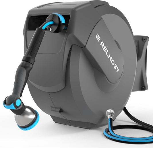 Retractable Garden Hose Reel 65 ft x 1/2 in, Heavy Duty Hose Reel Wall Mount with Any Length Lock, Slow Return System, 180° Swivel Bracket, 10-Pattern Garden Hose Nozzle, Dark Grey