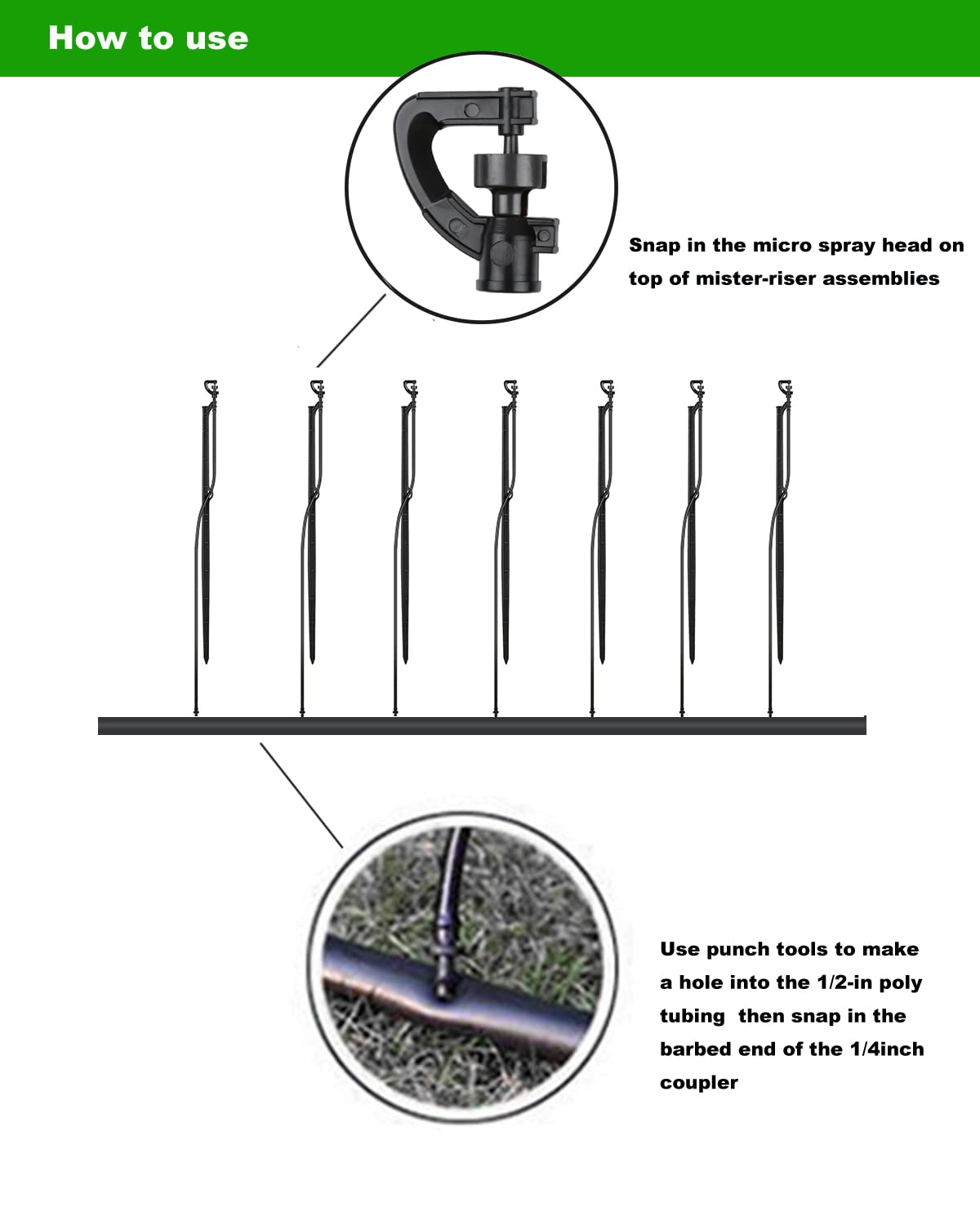 Micro Spray Sprinkler Stake Assembly: 9 Sets Full Circle 360 Degree Watering Nozzles Emitters with Spike and 1/4 inch Tubing for Greenhouse Nursery Garden Drip Irrigation System