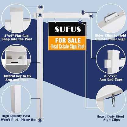 Vinyl PVC Real Estate Sign Post 6' Tall (4"x 4"x 72"), Realtor Yard Sign Post with Flat Cap for Open House and Home for Sale, 47" Arm Holds Up to 36" Sign, White (No Sign)