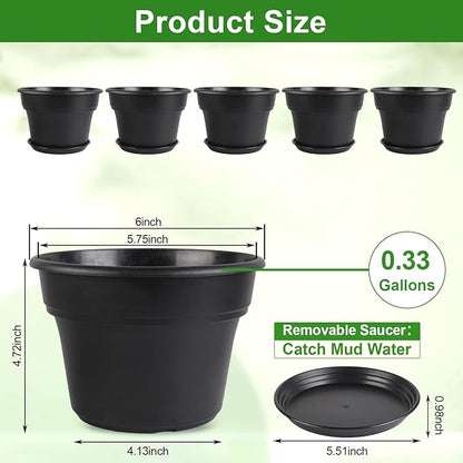 6-inch-Plant-Pots-Indoor-Outdoor, 6 Pack Plastic Planters with Drainage Holes & Saucers, Resin Flower Pots with Trays, Classic Garden Pot Container for House