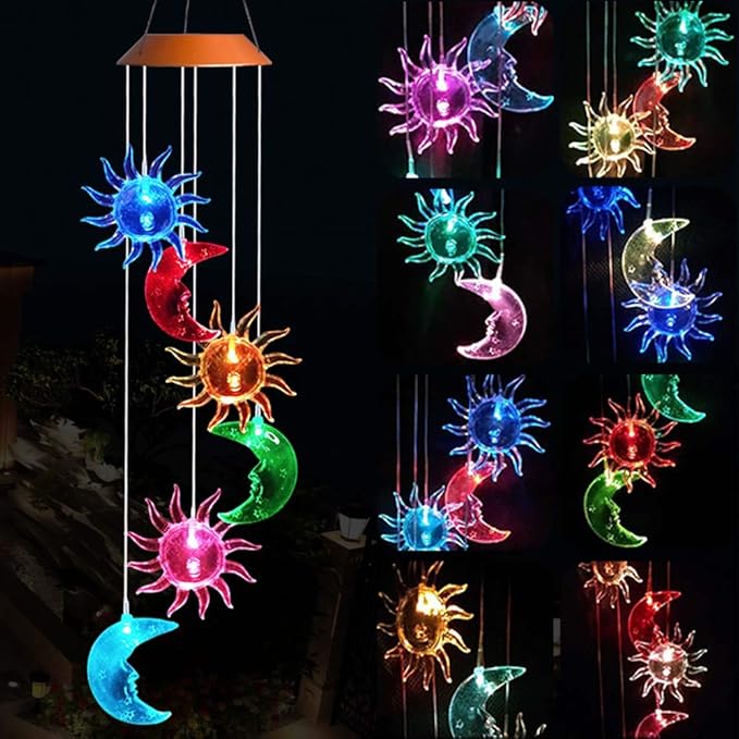 ME9UE Solar Powered Wind Spinner Light, 3 Suns and 3 Moons with 7 Colors Changing Wind Light, Waterproof Hanging Wind Chime Lamp Mobile Suspended Lights for Home Outdoor Garden Lighting Decor