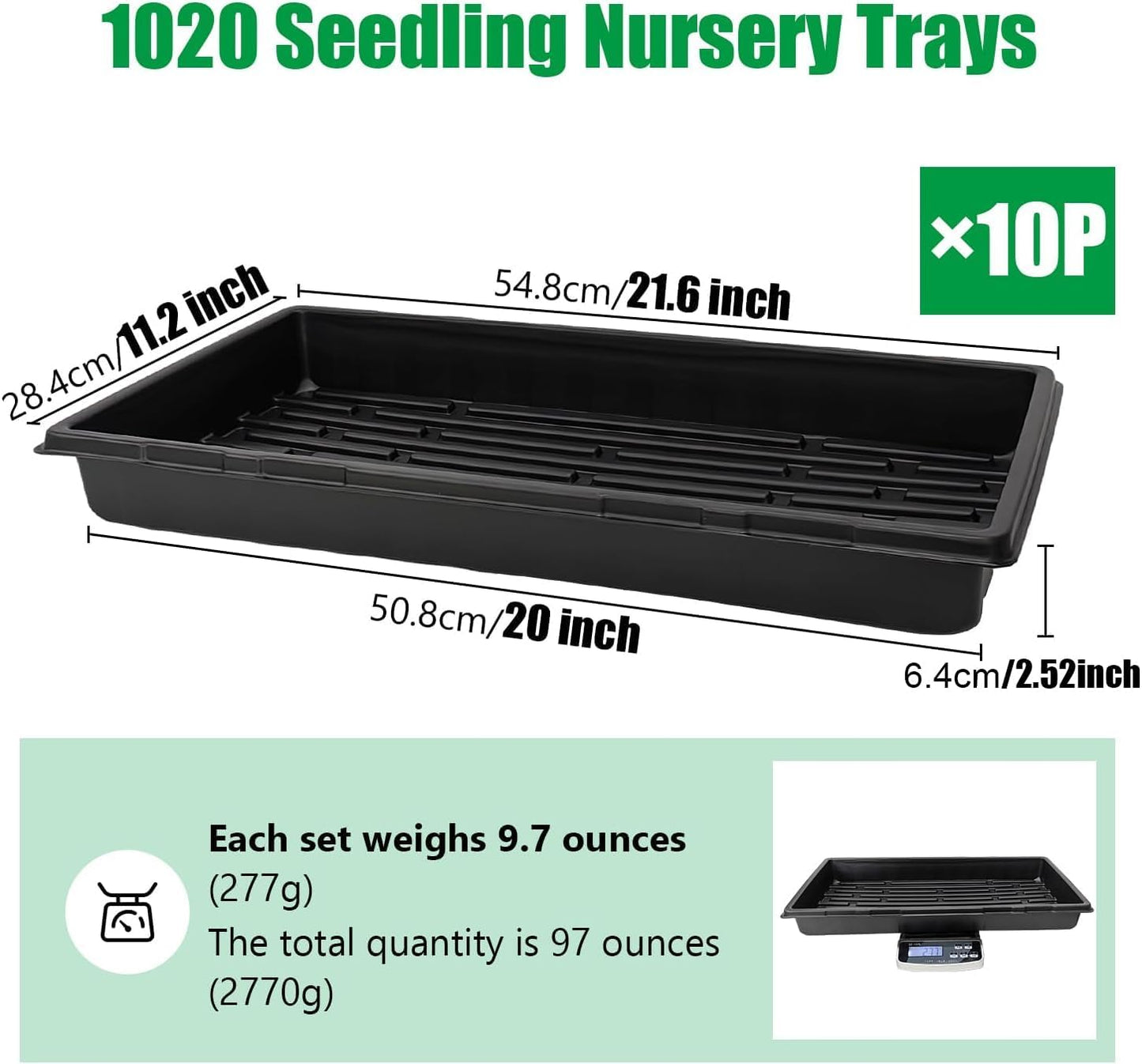 10 Pack 1020 Trays, Extra Thick Heavy Duty Seed Starting Trays - No Holes, No Leak, Reusable Propagation Flats for Microgreens, Seedlings, Plant Germination, Fodder and Transplant