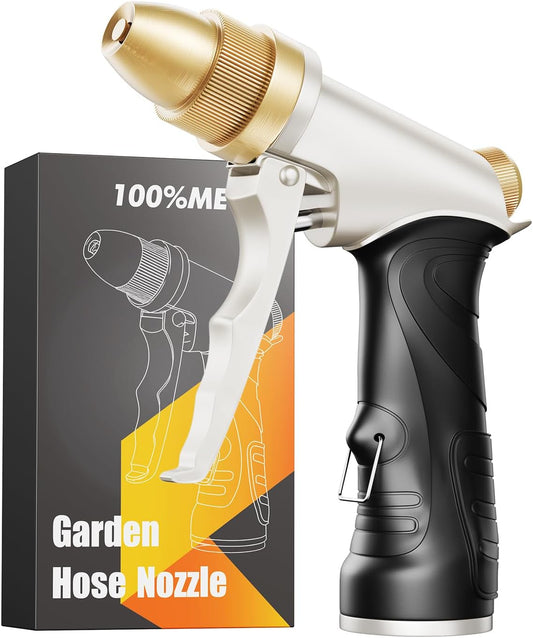 Garden Hose Nozzle, Heavy Duty Spray Nozzle for Watering, Water Nozzle with Adjustable Spray Patterns for Watering Plants, Car Washing, and Pet Showering (Gold)