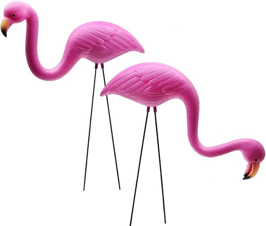 GiftExpress Pink Flamingos Yard Decorations - 2 Pack Small 14" Tall Plastic Flamingo Statue w/Metal Stakes - Lawn Ornaments & Garden Decor for Outdoor Parties