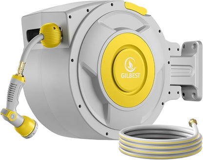 Retractable Hose Reel, 5/8 "x 100 ft Retractable Garden Hose Reel Wall Mounted, for Cleaning, Watering, with 10-Function Hose Nozzle, Any Length Lock, Heavy Duty, 180°Swivel (Yellow)
