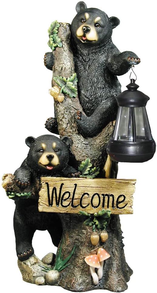 DWK Twin Bears Climbing a Tree Outdoor Home Porch Sign and Solar LED Light Lamp | Front Porch and Yard Decor | Bear Statues Home Decor and Farmhouse Gifts - 18"