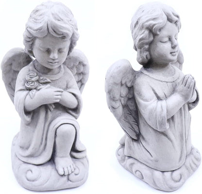 Massarelli's Sweet Blessings Angel Statue Combo - 2-Pack - 'Roses' & 'Praying' - Beautiful, Adorable Patio & Garden Cast Stone Sculptures